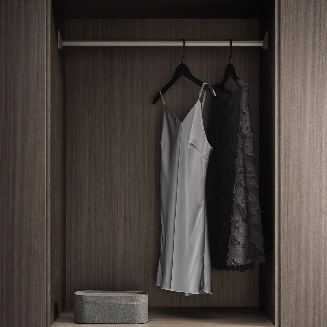 Closet hanging section in dark woodgrain with two garments on a rail