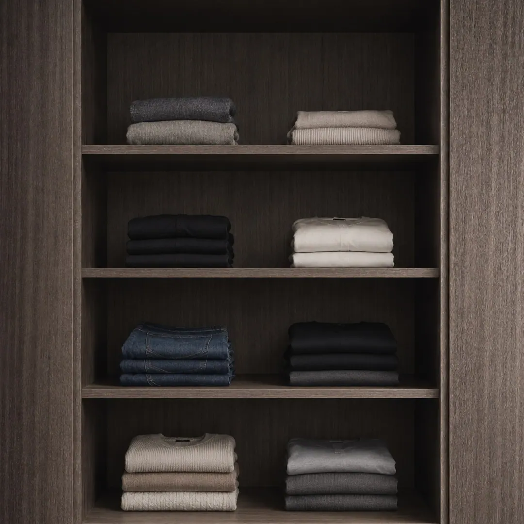 Closet shelving in dark woodgrain with folded knitwear and denim