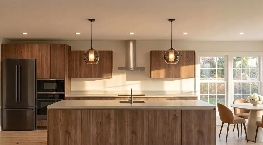 Wald European frameless kitchen: walnut island and cabinets under pendant lighting