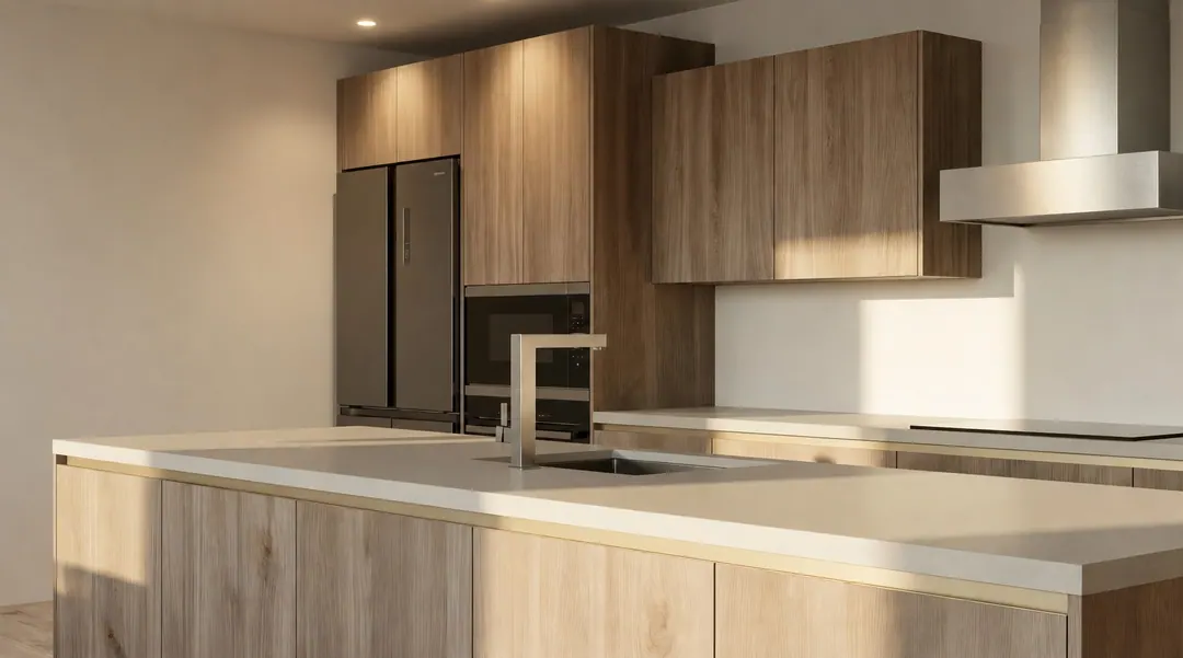 Wald kitchen island detail: light oak island with a stone top and sink