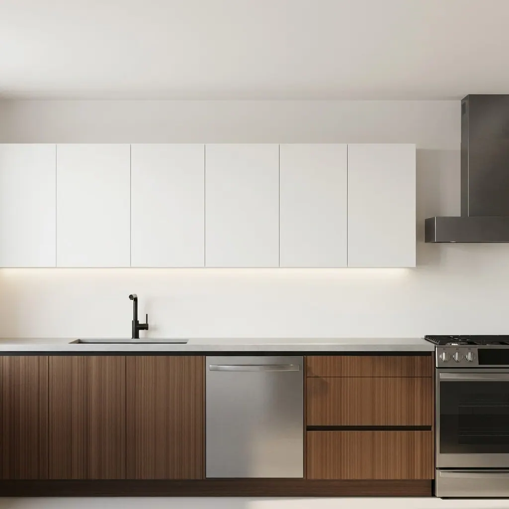Wald kitchen cabinetry detail: white uppers with under-cabinet lighting over walnut bases