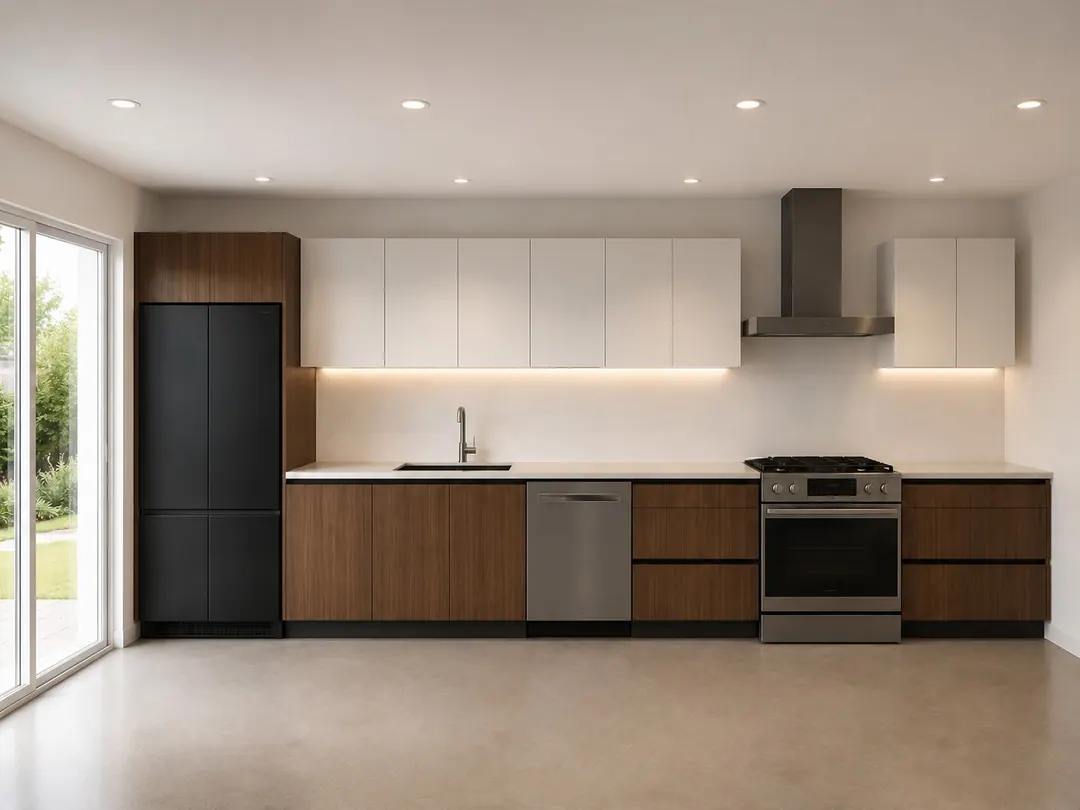 Wald kitchen: full wall of walnut and white cabinetry with a range and tall refrigerator