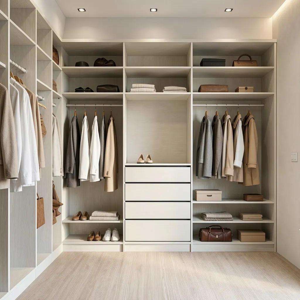 Wald walk-in closet: light woodgrain sections with hanging, shelving and a drawer stack