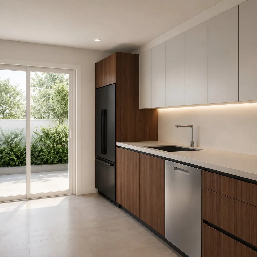 Wald kitchen: walnut base and tall cabinets with white handleless uppers beside a garden door