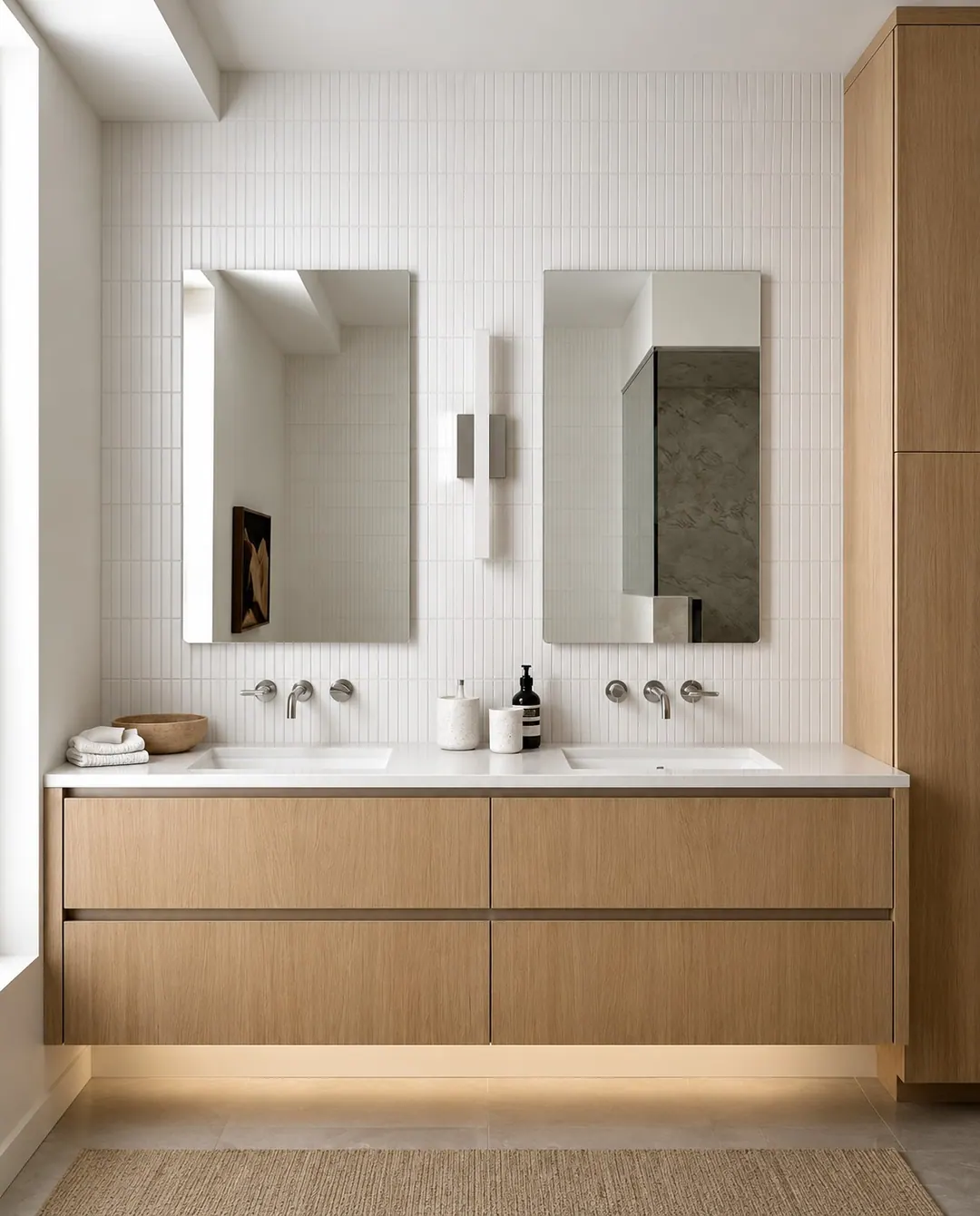 Wald vanity: wall-hung double vanity in light oak under two mirrors
