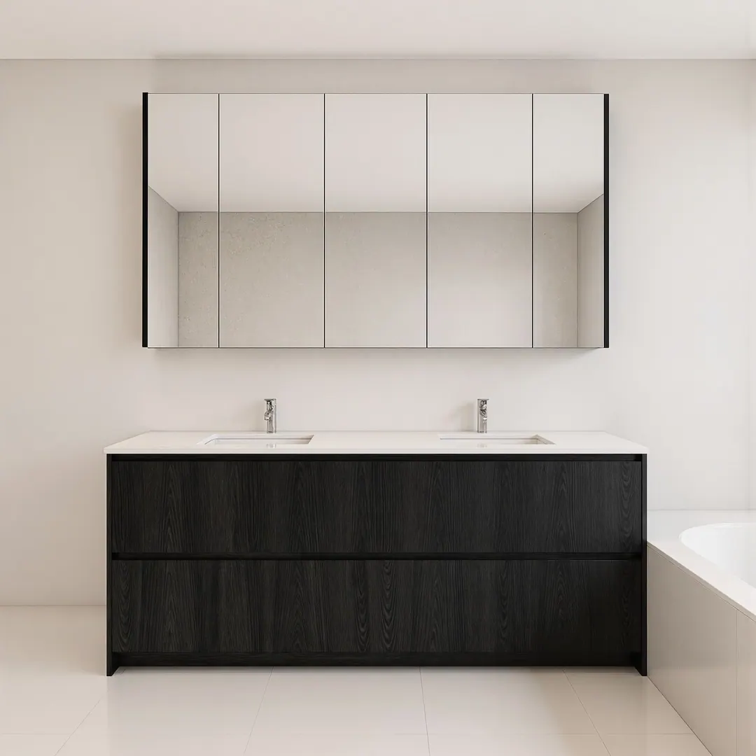 Floor-standing configuration: a dark wood double vanity meeting the floor under a mirrored cabinet