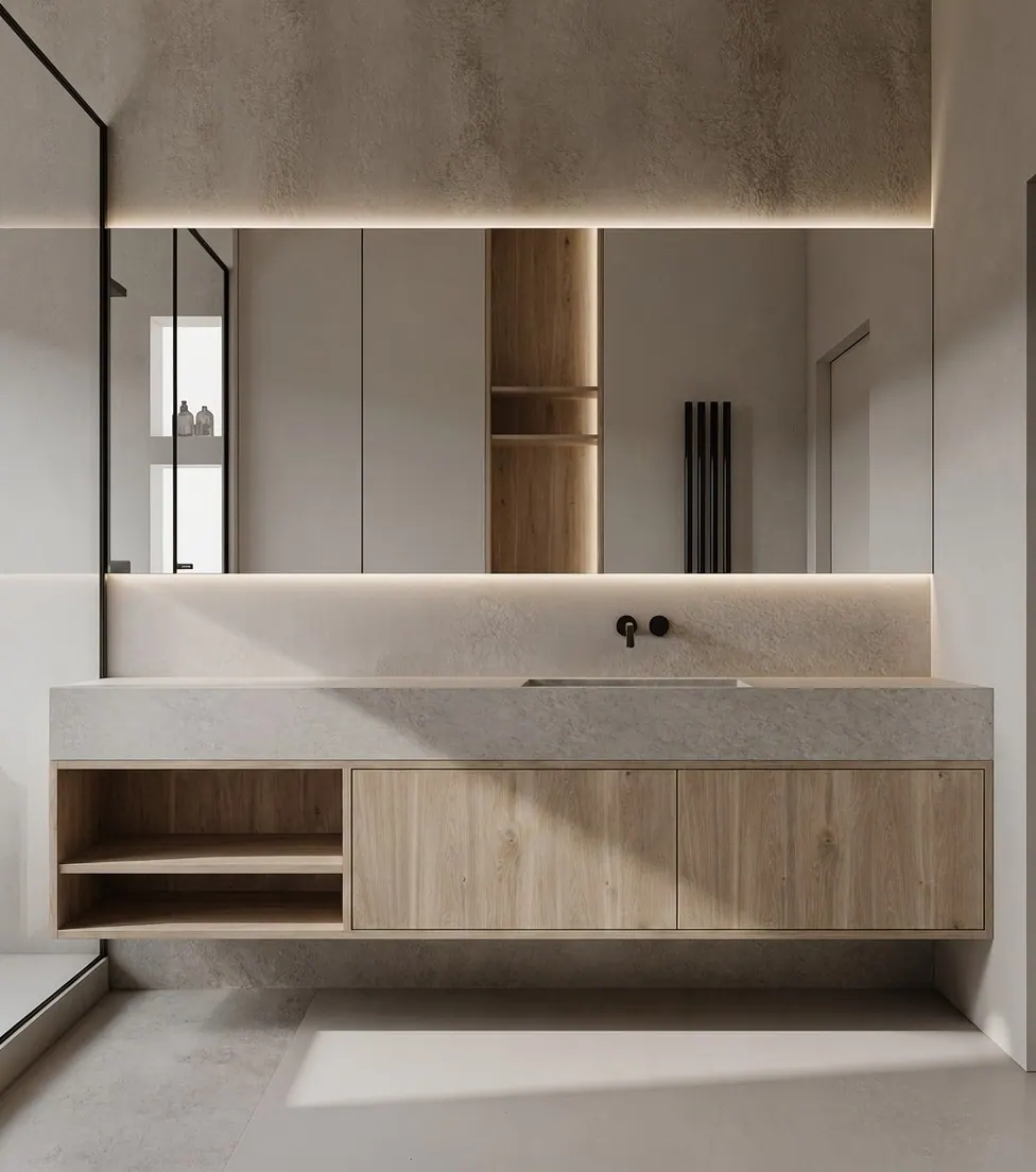 Wall-hung configuration: a floating light wood vanity with the floor visible beneath it